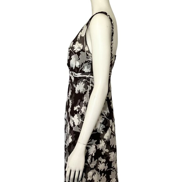 Vintage Y2K 100% Silk Ann Taylor Brown White Floral Midi Dress S/M Size 8 V Neck - Picture 9 of 14